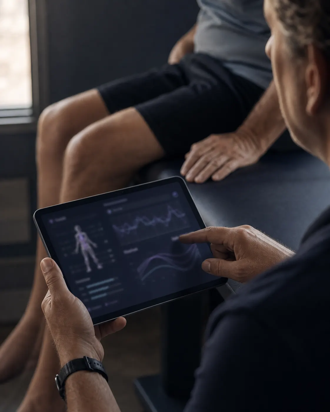 Kinésithérapeute présentant l'évolution d'un patient sur une tablette