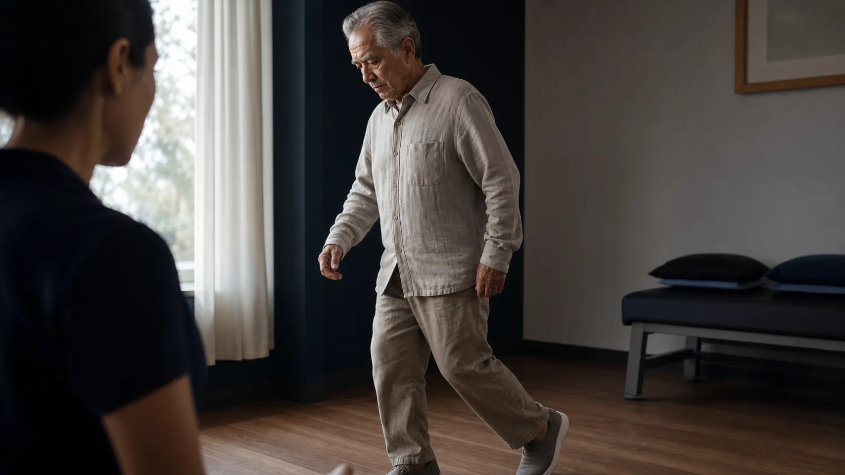 Older patient walking carefully in a clinical room during a neurology assessment