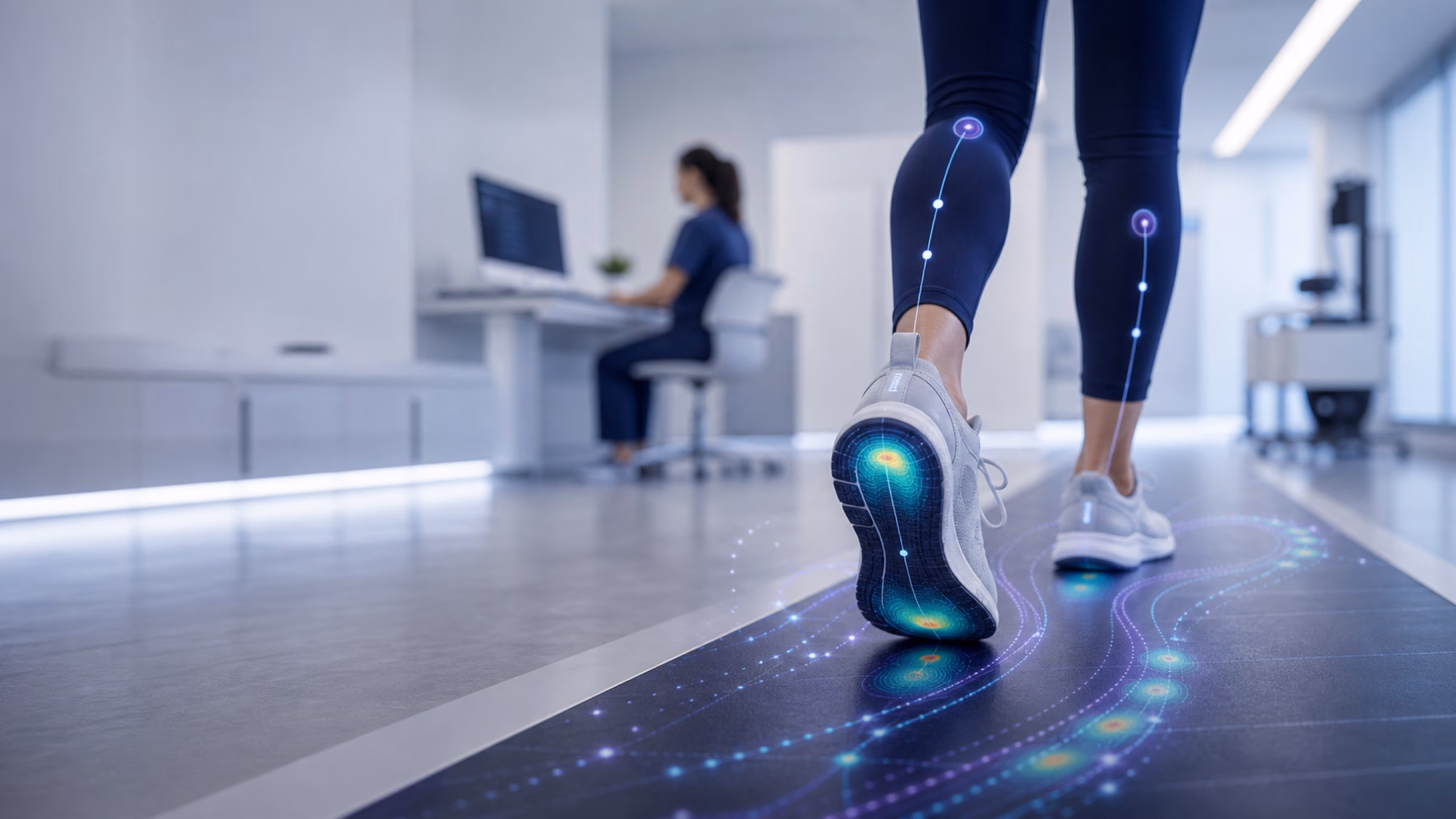 Patient walking with sensorized insoles in a podiatry gait assessment