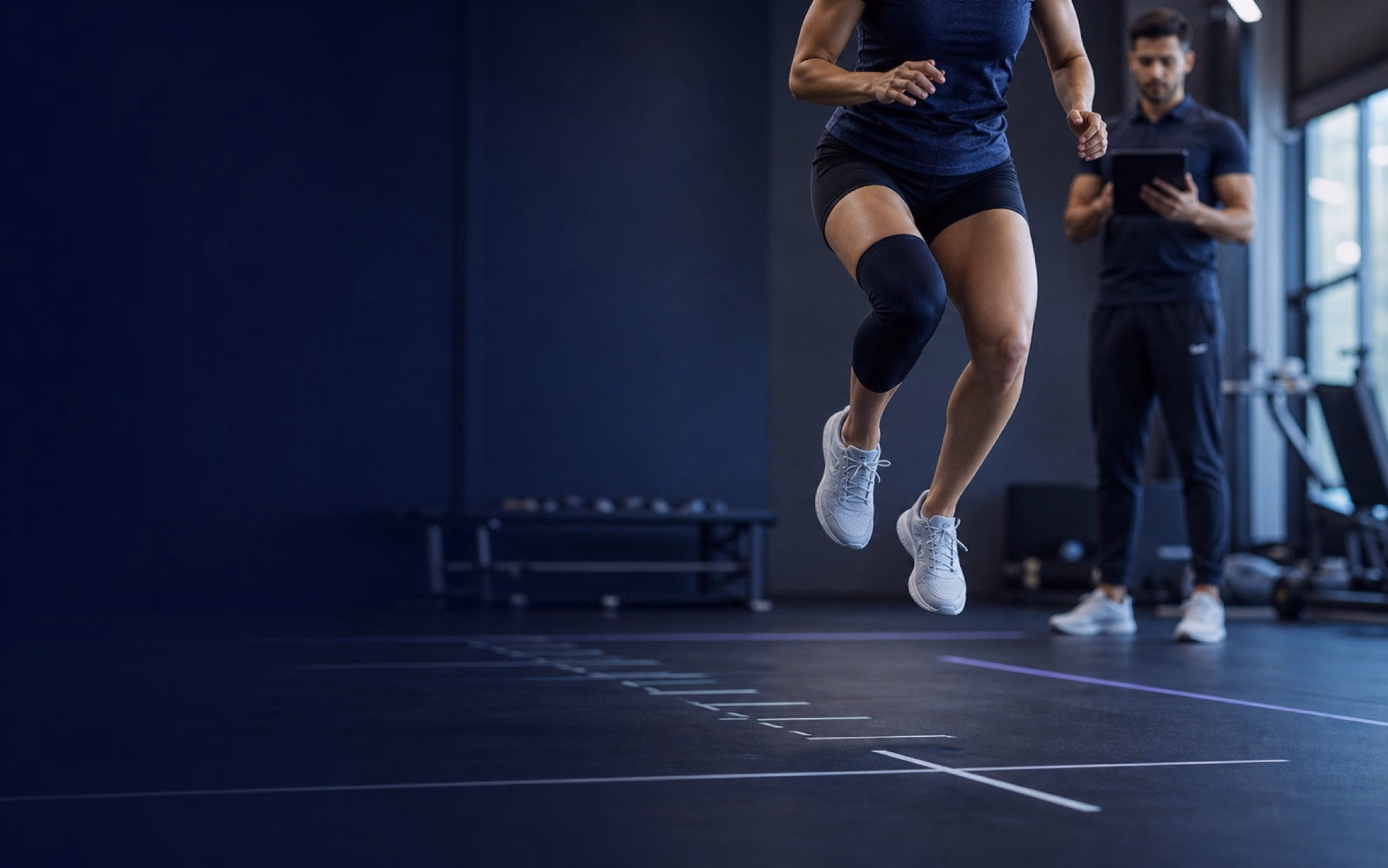Sportive réalisant un test de saut après une rééducation du genou