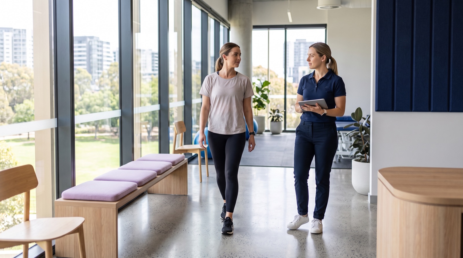 Practitioner reviewing objective gait analysis results with a patient during a clinic consultation