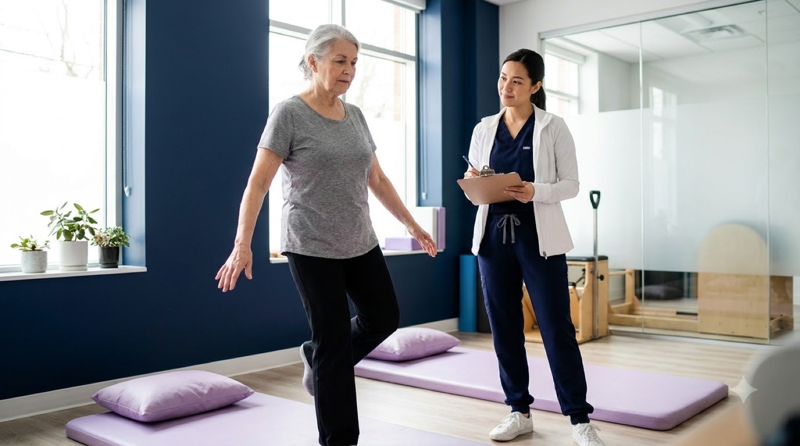 Kinésithérapeute réalisant une évaluation de l'équilibre avec l'échelle de Berg auprès d'une personne âgée debout près d'une chaise