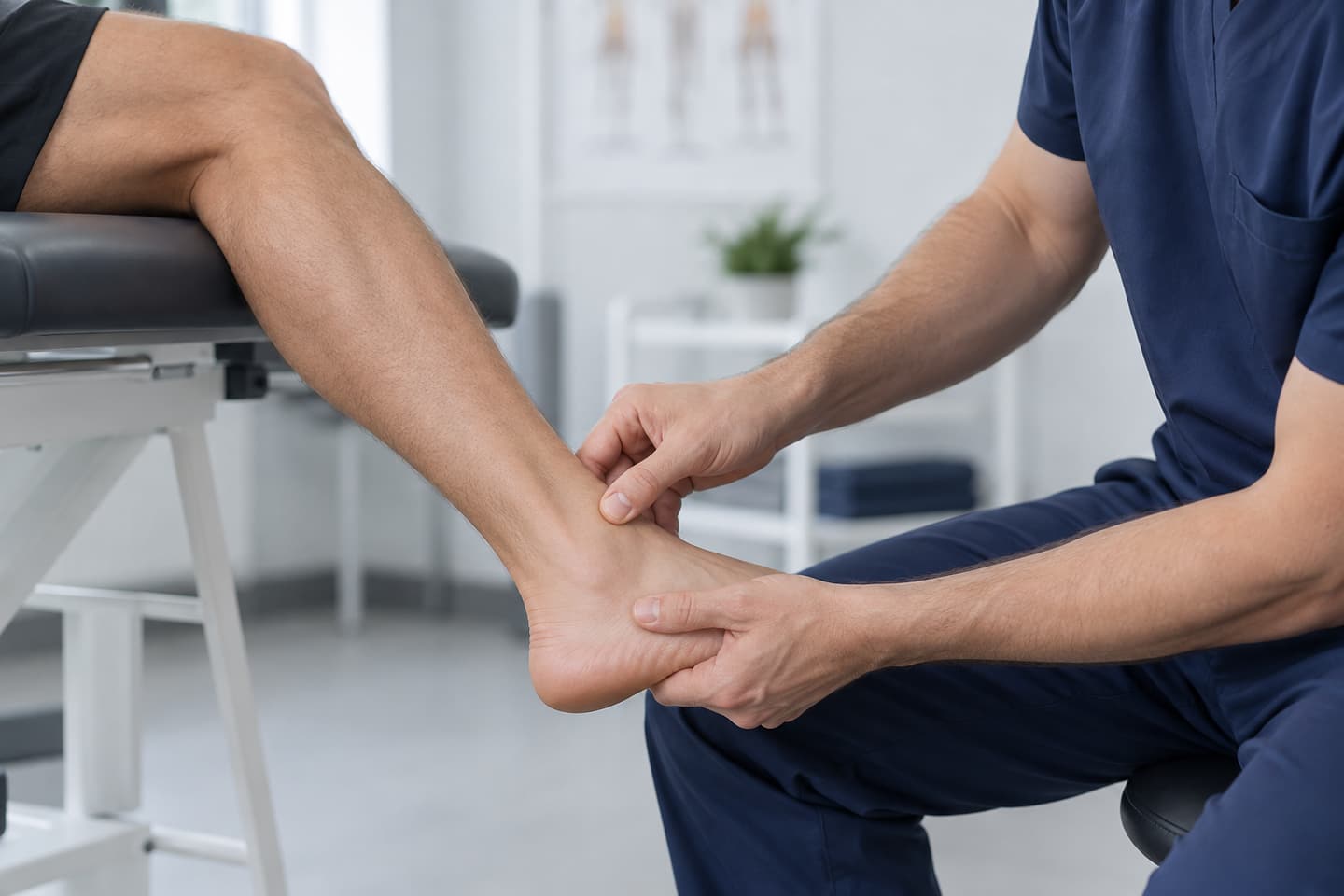 Un praticien examine le tendon d'Achille au-dessus du talon