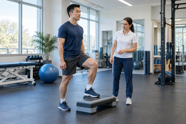 Un sportif monte sur une marche sous la supervision d'une kinésithérapeute