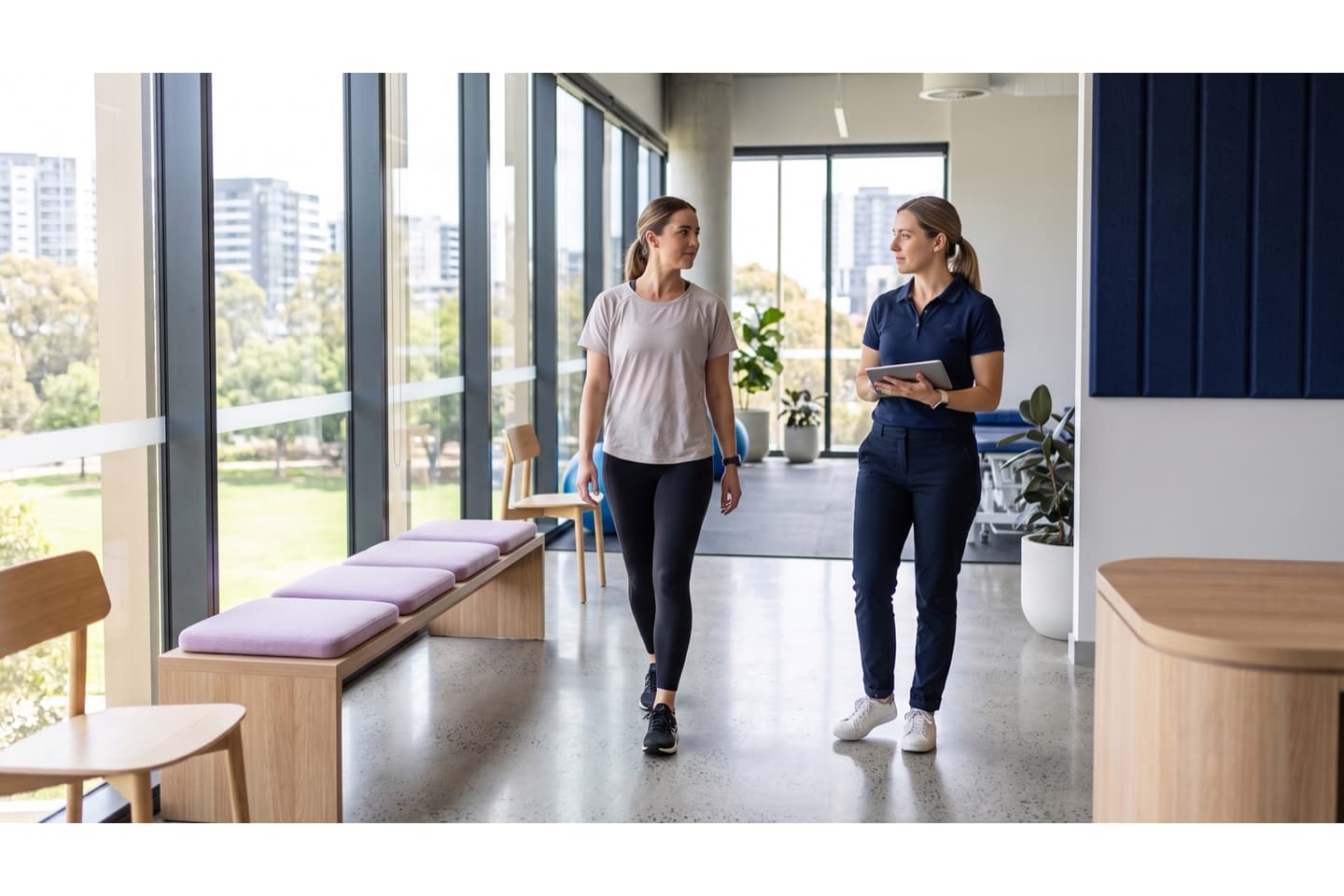 Practitioner observing a walking assessment in a clinic