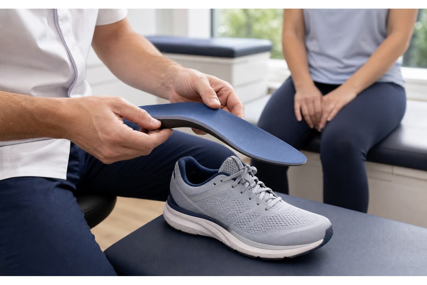 Practitioner fitting an orthotic insert into a shoe