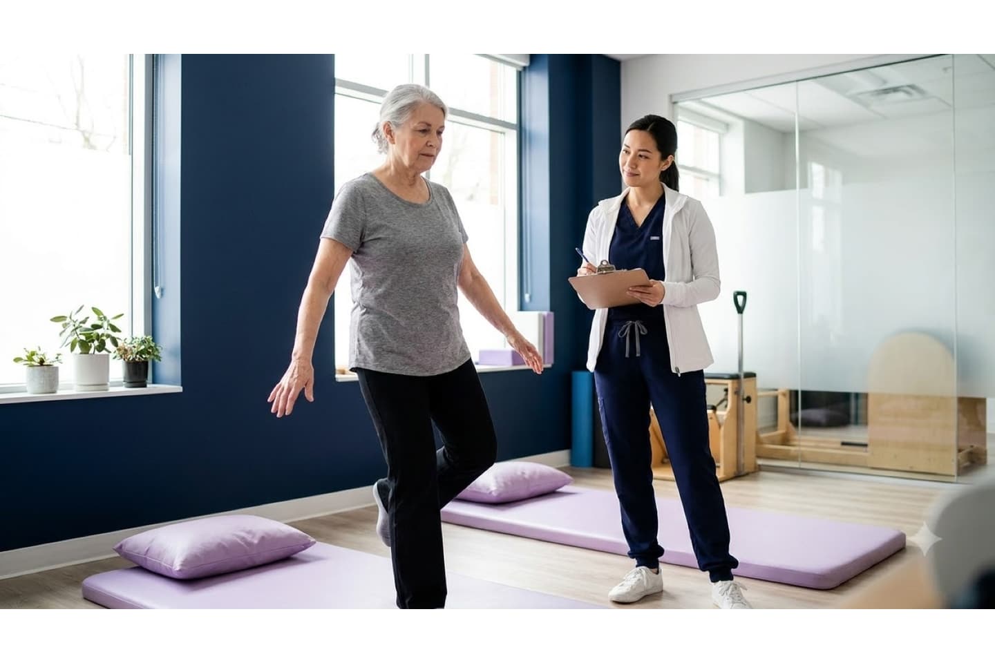 Une personne âgée effectue un exercice d'équilibre sous supervision