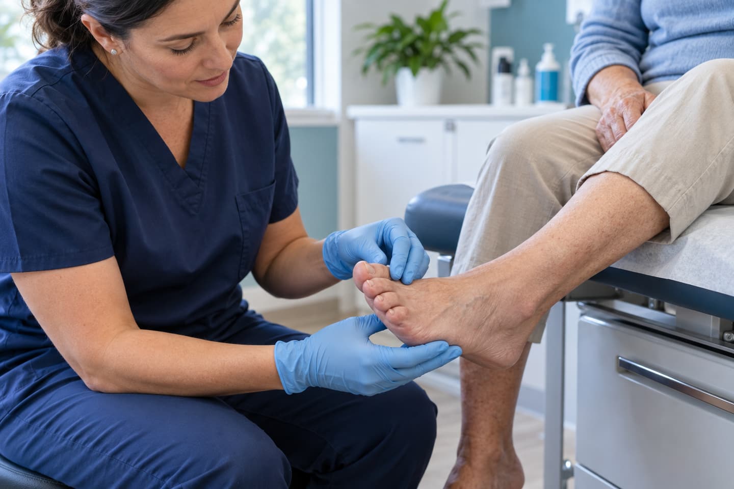Practitioner inspecting the skin and toes of an older adult's foot