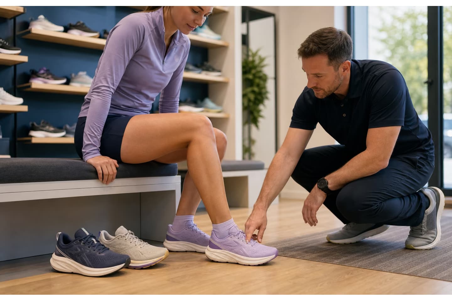 Une coureuse échange avec un spécialiste sur l'ajustement de ses chaussures