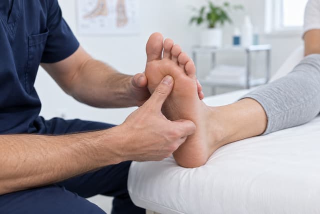 Un praticien examine l'avant-pied sous les orteils