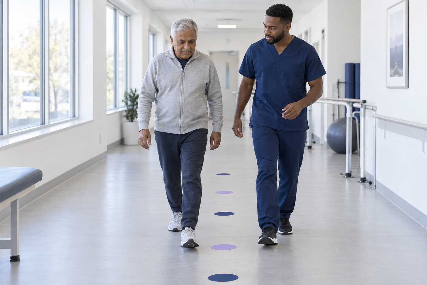Older adult practicing walking alongside a physiotherapist