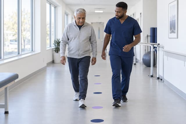 Une personne âgée s'exerce à marcher aux côtés d'un kinésithérapeute