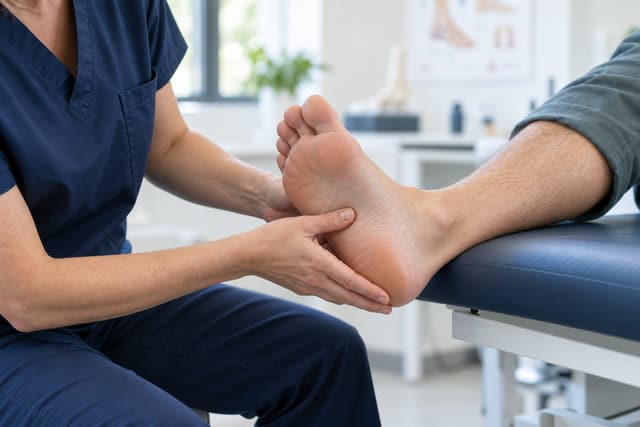 Un praticien examine le talon et la voûte plantaire d'un patient