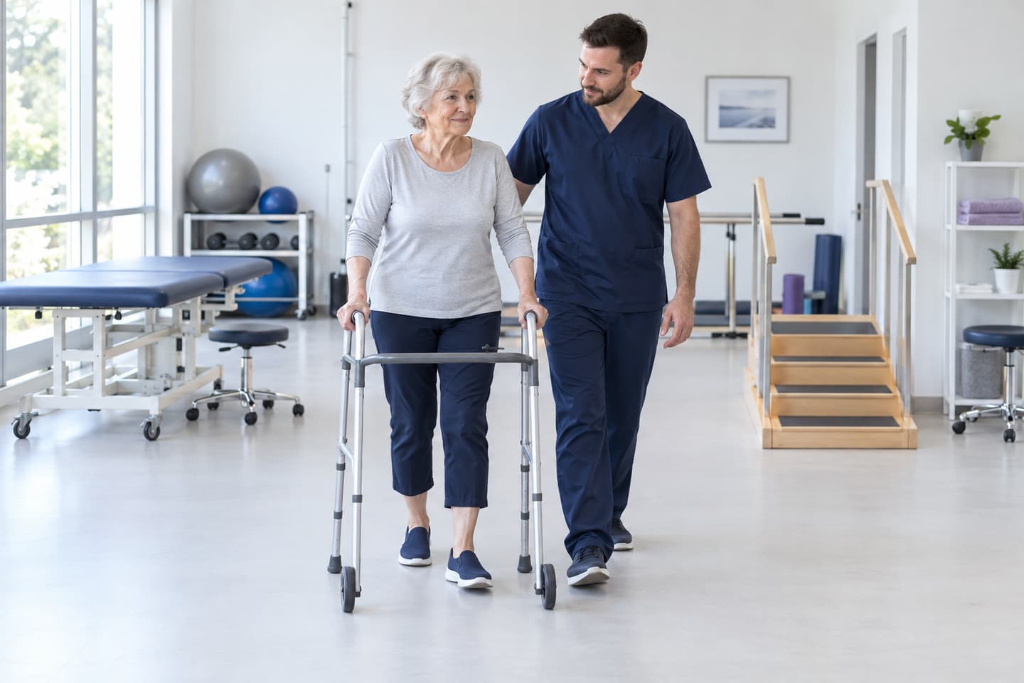 Older adult practicing walking with a walker and a physiotherapist