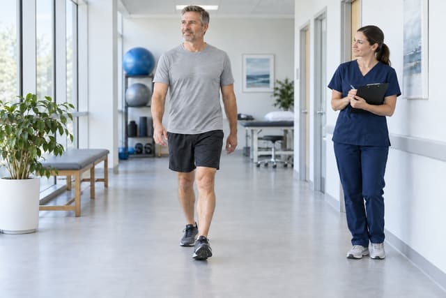 Practitioner observing an adult walking through a clinic