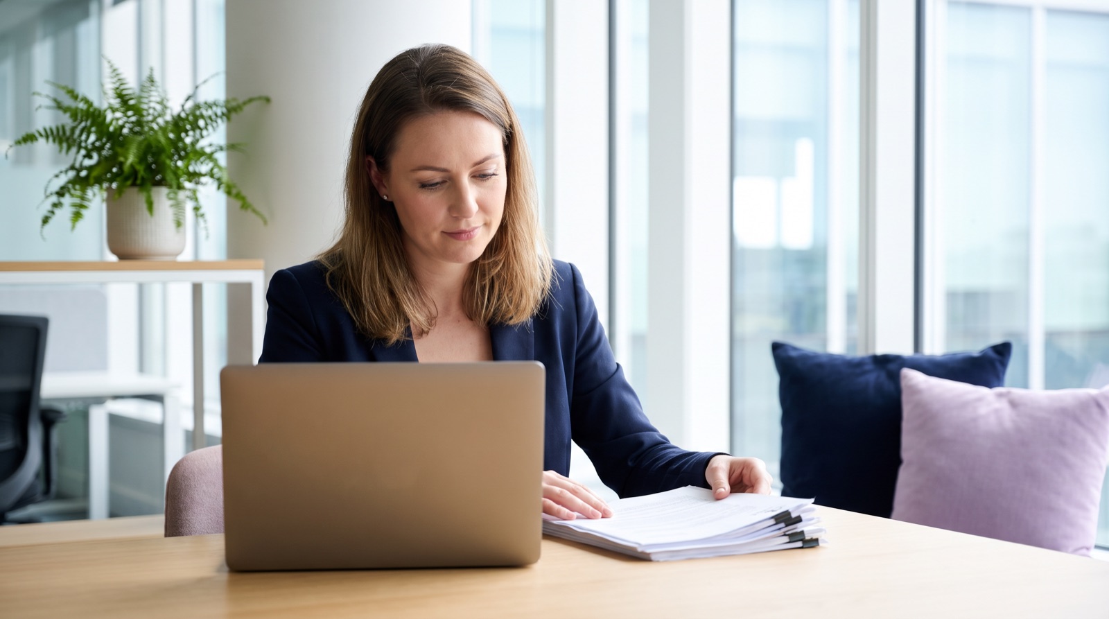Clinician reviewing quantitative gait assessment results and documentation at a desk