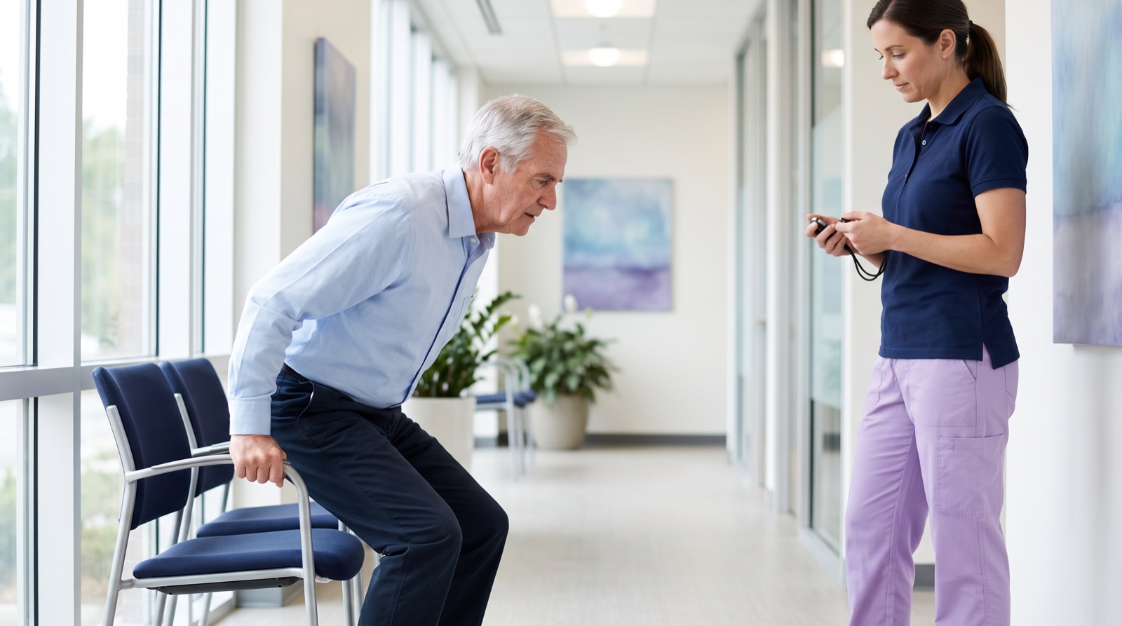 Older adult rising from a chair to begin a Timed Up and Go test while a clinician times with a stopwatch