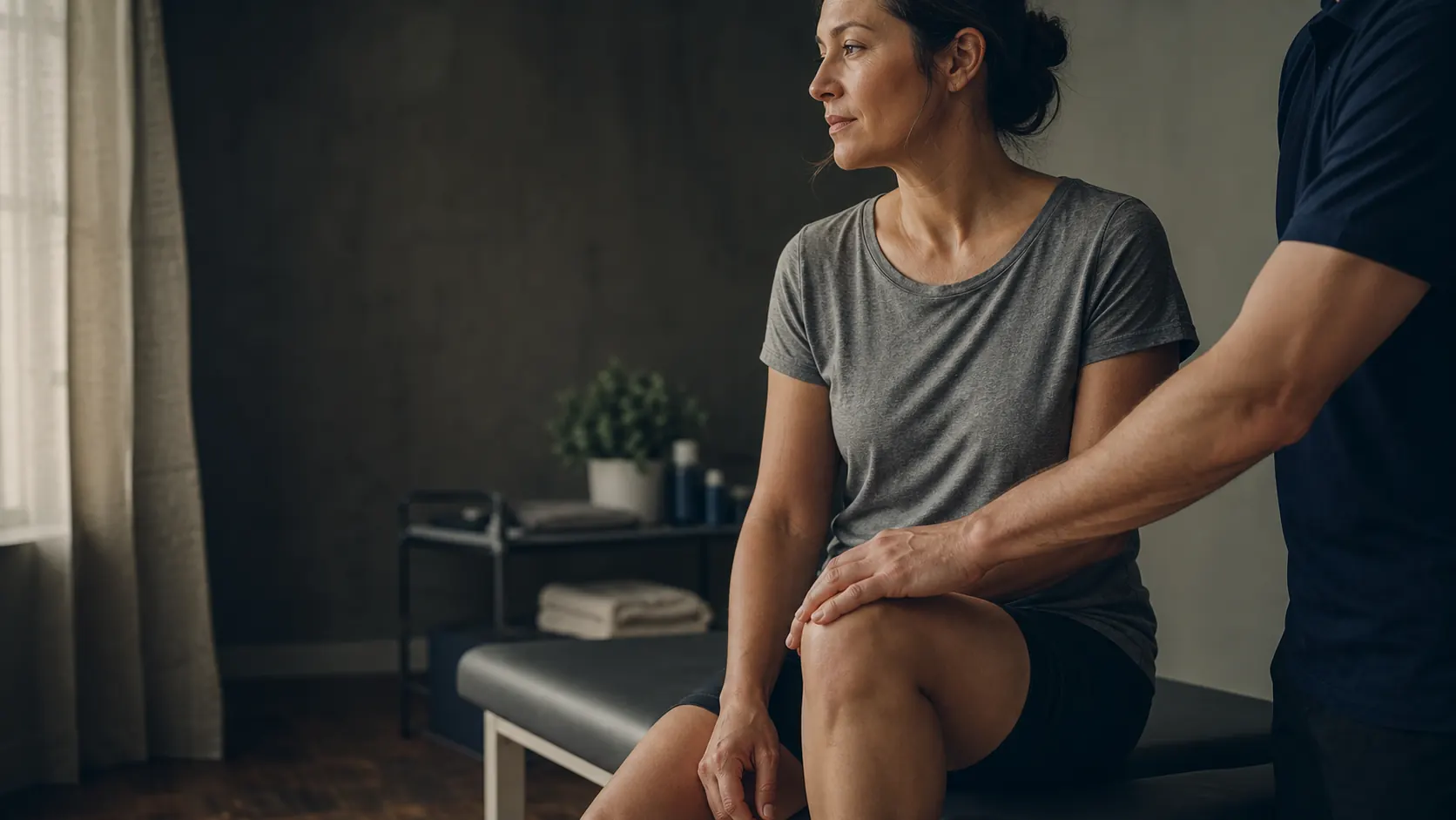 Physical therapist supporting a patient's knee during an MSK rehabilitation visit