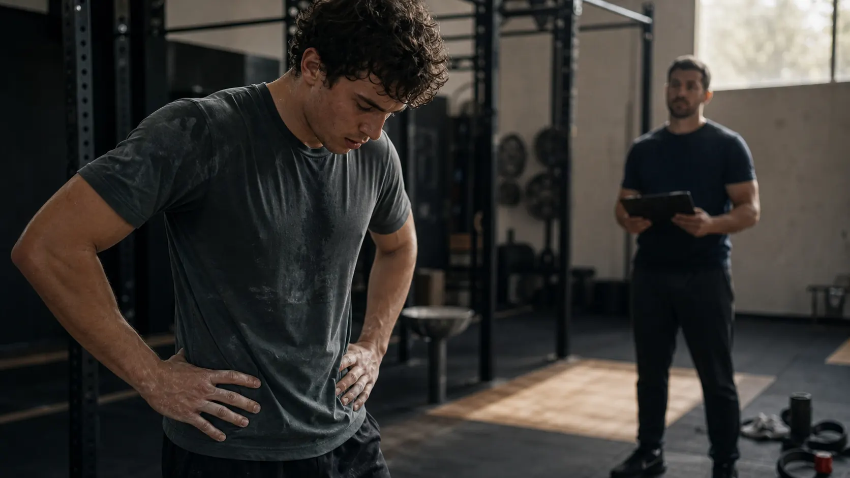 Athlete recovering at the end of a training session while a coach observes